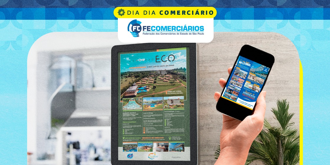 Cartazes destacam as atrações do Centro de Lazer da Federação em Praia Grande e do Complexo Eco em Avaré
